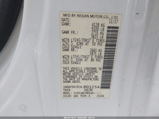 1N6BF0KY8JN801254 Nissan Nv Cargo Nv2500 Hd S V6