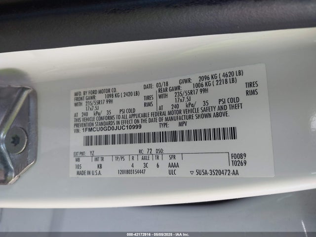 1FMCU0GD0JUC10999 Ford ESCAPE SE