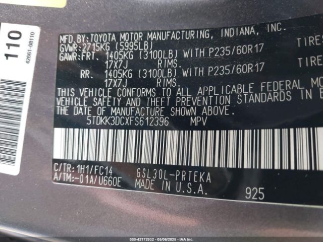 5TDKK3DCXFS612396 Toyota Sienna Le 8 Passenger