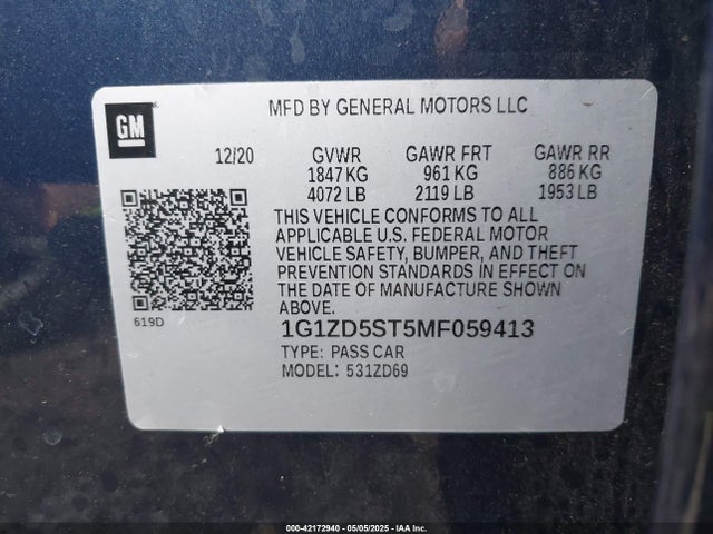 1G1ZD5ST5MF059413 Chevrolet Malibu Fwd Lt