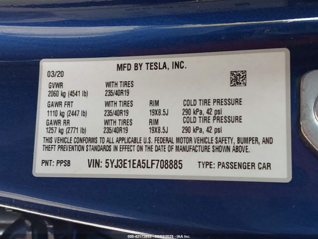 5YJ3E1EA5LF708885 Tesla Model 3 Standard Range Plus Rear-wheel Drive/standard Range Rear-wheel Drive