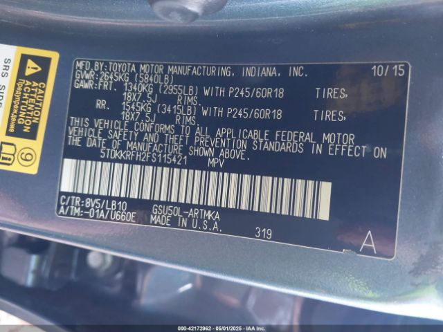 5TDKKRFH2FS115421 Toyota Highlander Xle V6