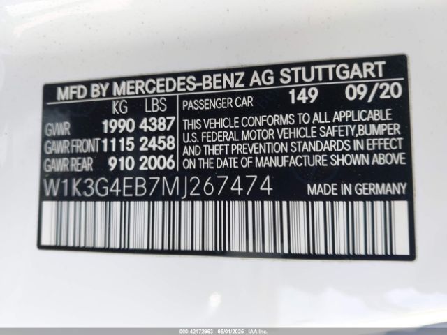 W1K3G4EB7MJ267474 Mercedes-Benz A 220