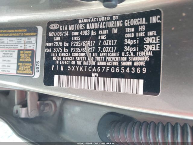5XYKTCA67FG654369 KIA SORENTO LX