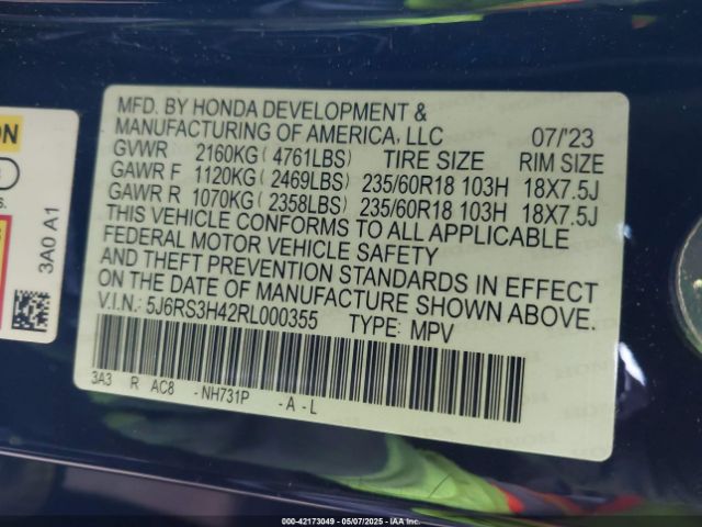 5J6RS3H42RL000355 Honda Cr-v Ex 2wd