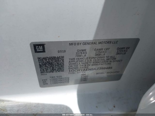 1GCRYAEH5KZ398485 Chevrolet Silverado 1500 Work Truck