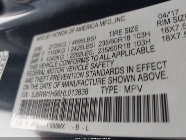 5J6RW1H96HL013838 Honda Cr-v Touring