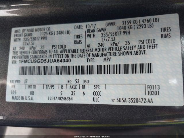 1FMCU9GD5JUA64040 Ford ESCAPE SE