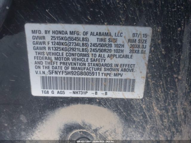 5FNYF5H92GB005911 Honda Pilot Touring