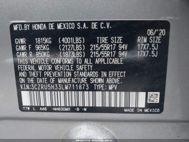 3CZRU5H33LM711873 Honda Hr-v 2wd Lx