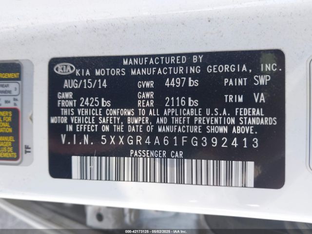 5XXGR4A61FG392413 KIA Optima Sxl Turbo