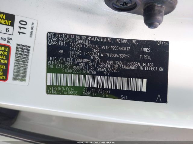 5TDKK3DC5FS636766 Toyota Sienna Le 8 Passenger