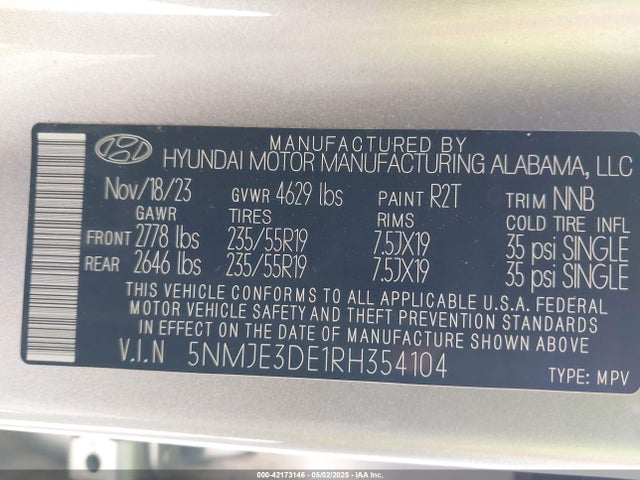 5NMJE3DE1RH354104 Hyundai gdi theta iii