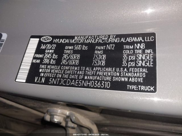 5NTJCDAE5NH036310 Hyundai Santa Cruz Sel