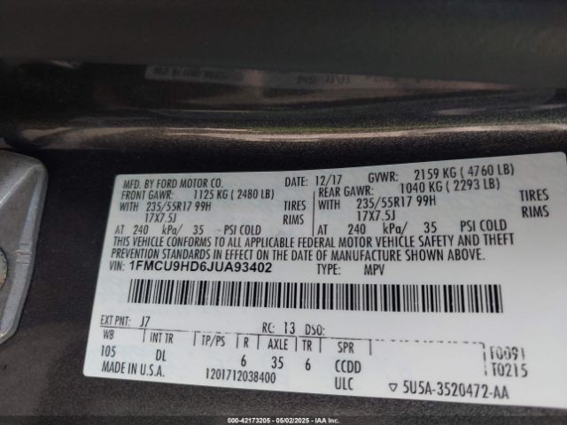 1FMCU9HD6JUA93402 Ford ESCAPE SEL