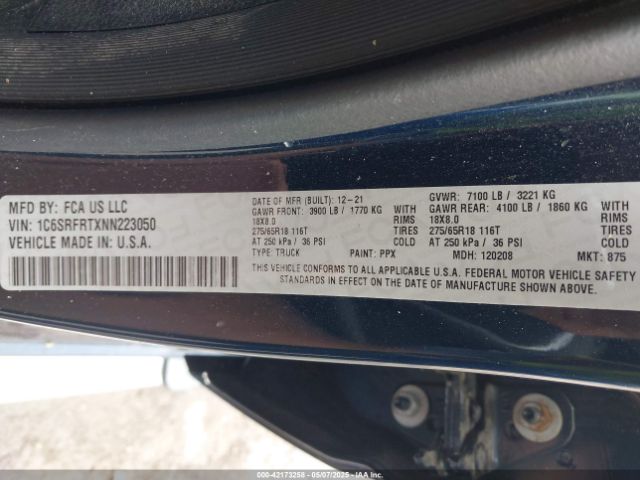 1C6SRFRTXNN223050 RAM 1500 Laramie  4x4 6'4 Box