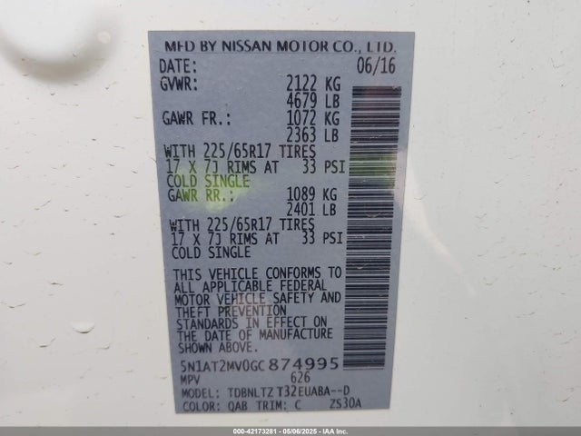5N1AT2MV0GC874995 Nissan ROGUE SV