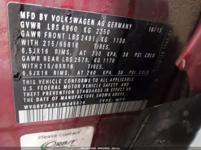 WVGBV3AXXEW045826 Volkswagen TIGUAN S