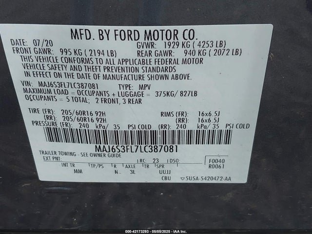 MAJ6S3FL7LC387081 Ford 2020