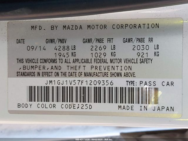 JM1GJ1V57F1209356 Mazda Mazda6 I Touring