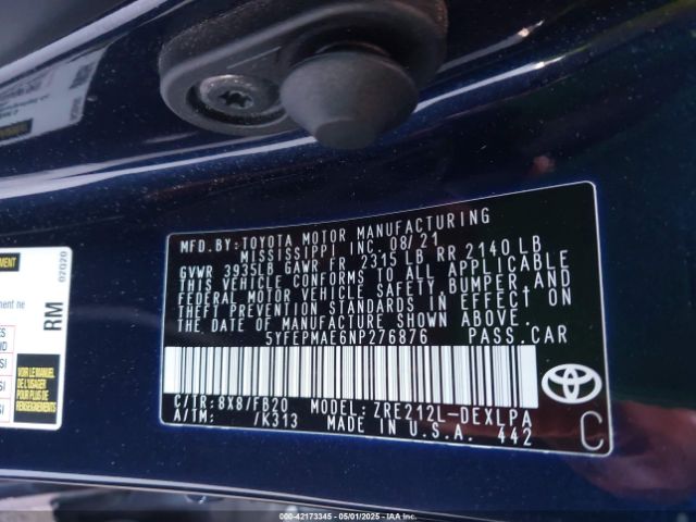 2022 TOYOTA COROLLA 5YFEPMAE6NP276876 Photo 8