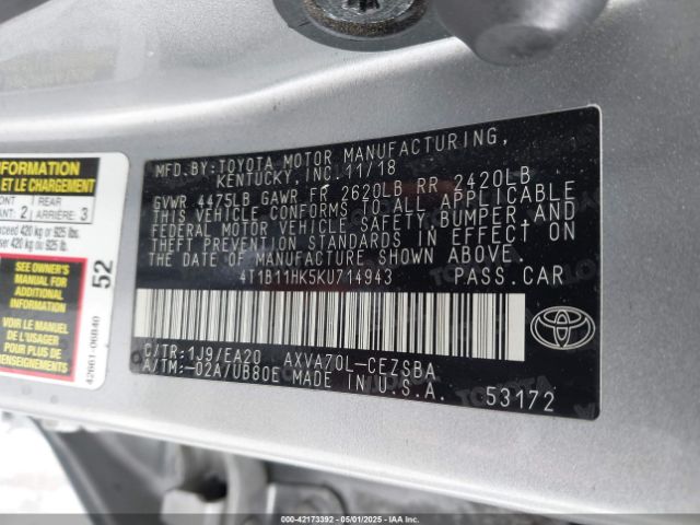 4T1B11HK5KU714943 Toyota CAMRY SE
