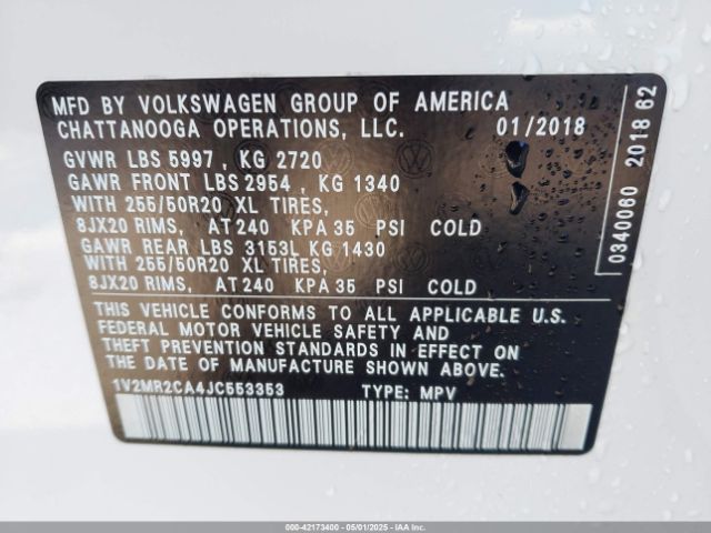 1V2MR2CA4JC553353 Volkswagen Atlas 3.6l V6 Sel