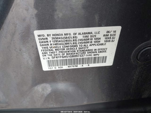 5FNYF6H51GB097337 Honda Pilot Ex-l