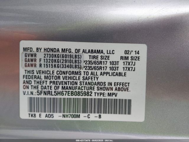 5FNRL5H67EB085982 Honda Odyssey Ex-l