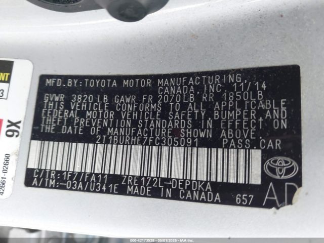 2T1BURHE7FC305091 Toyota COROLLA L