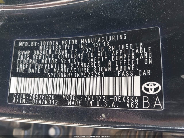 5YFBURHE1KP923291 Toyota COROLLA SE