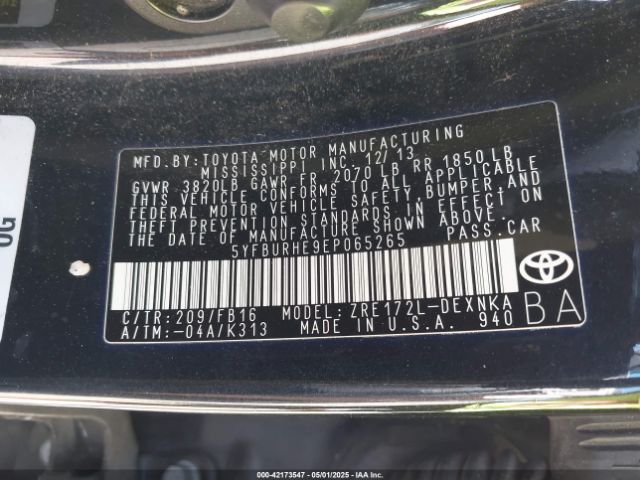 5YFBURHE9EP065265 Toyota COROLLA LE