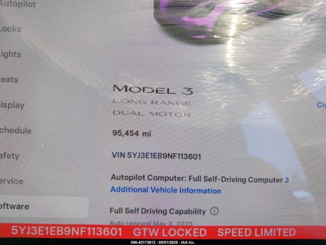 5YJ3E1EB9NF113601 Tesla Model 3 Long Range Dual Motor All-wheel Drive
