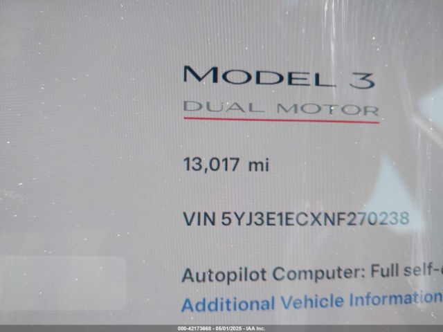5YJ3E1ECXNF270238 Tesla Model 3 Performance Dual Motor All-wheel Drive