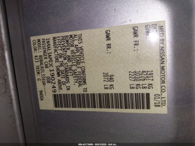 1N4AL3AP0JC190249 Nissan Altima 2.5 Sl