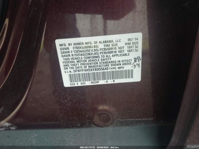 5FNYF4H5XEB055640 Honda Pilot Ex-l