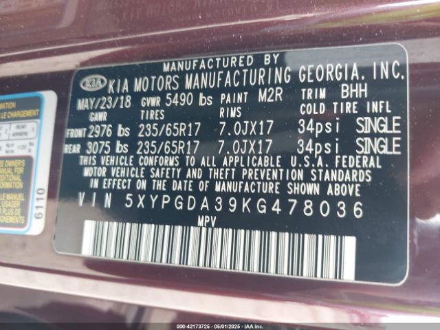 5XYPGDA39KG478036 KIA Sorento 2.4l Lx
