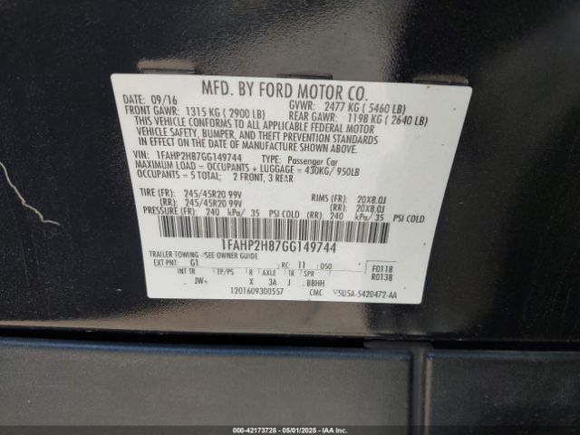 1FAHP2H87GG149744 Ford TAURUS SEL