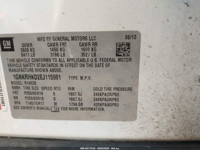 1GNKRHKD2EJ115981 Chevrolet Traverse 2lt