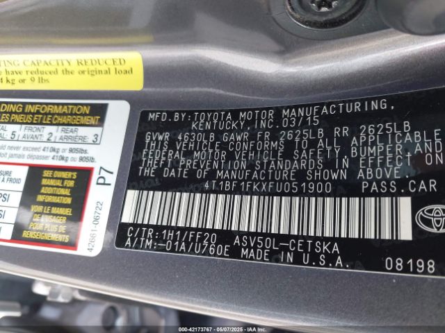 4T1BF1FKXFU051900 Toyota CAMRY SE