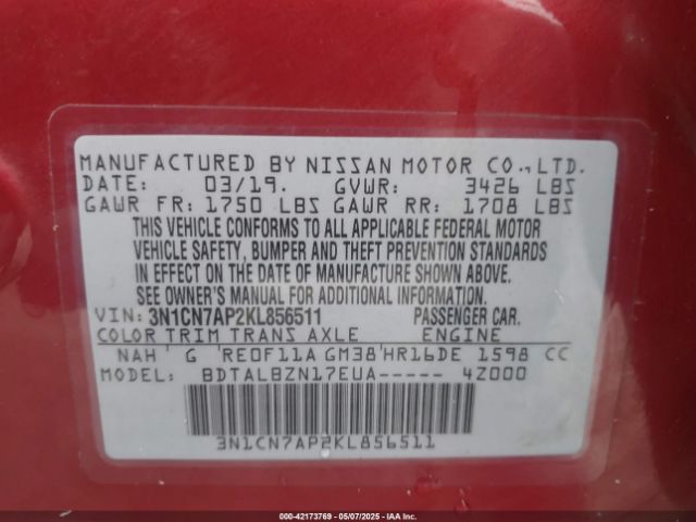 3N1CN7AP2KL856511 Nissan Versa 1.6 Sv