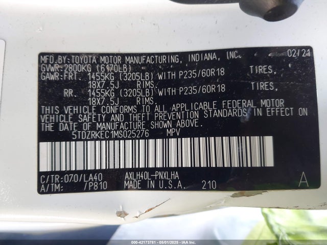 5TDZRKEC1MS025276 Toyota Sienna Limited