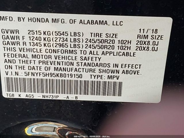 5FNYF5H95KB019150 Honda Pilot Touring