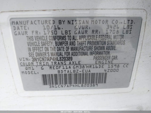 3N1CN7AP4HL820389 Nissan Versa 1.6 Sv