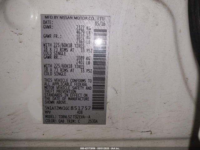 5N1AT2MV1GC851757 Nissan Rogue Sl