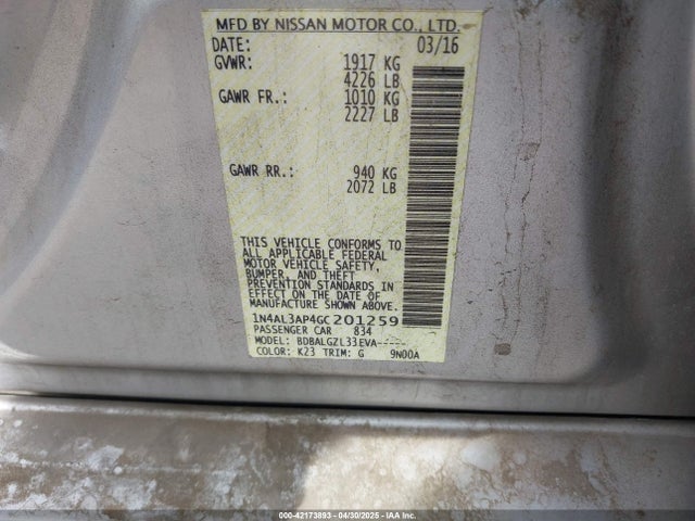 1N4AL3AP4GC201259 Nissan Altima 2.5/2.5 S/2.5 Sl/2.5 Sr/2.5 Sv