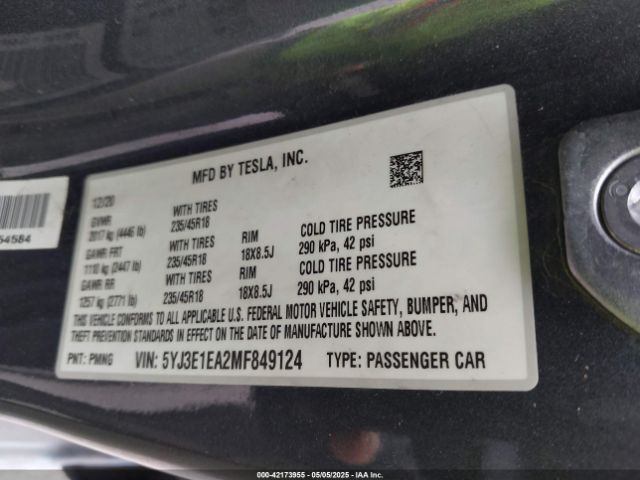 2021 TESLA MODEL 3 5YJ3E1EA2MF849124 Photo 8