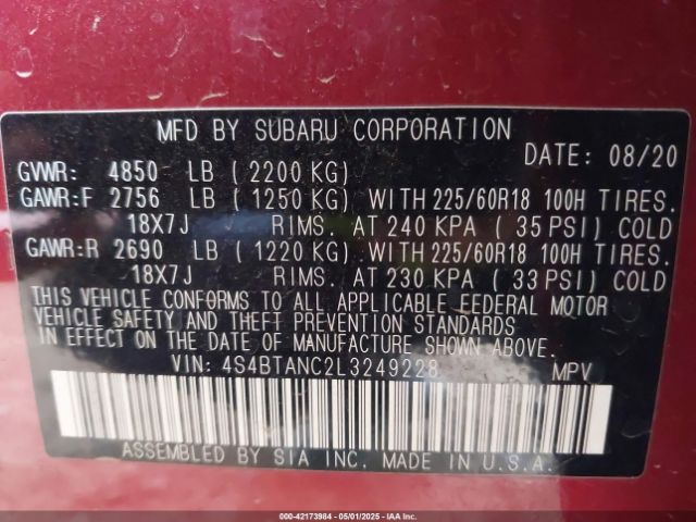 4S4BTANC2L3249228 Subaru Outback Limited
