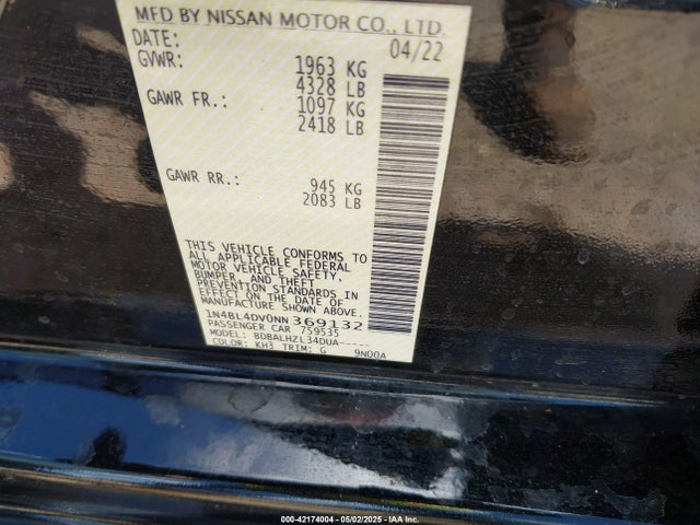 1N4BL4DV0NN369132 Nissan Altima Sv Fwd