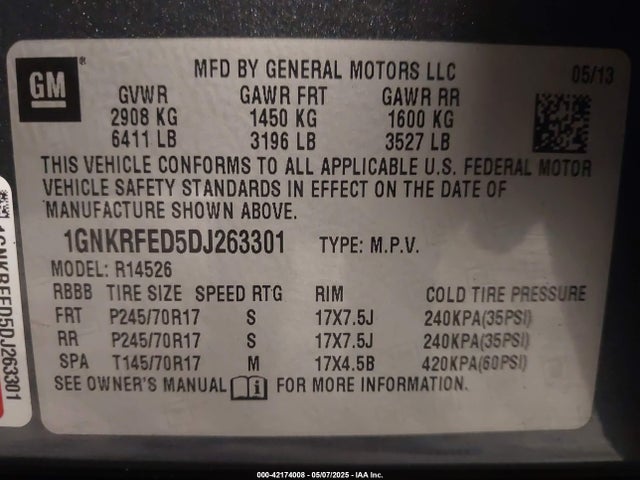 Продажа на аукционе авто 2013 Chevrolet Traverse Ls, vin: 1GNKRFED5DJ263301, номер лота: 42174008
